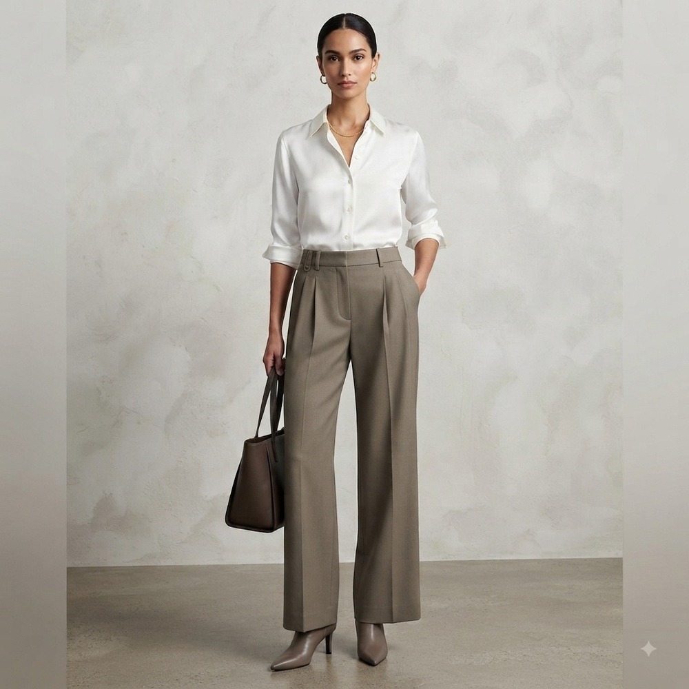 Uniqlo Pleated Wide Leg Trousers Olive Brown High Waist Pants L 30-31